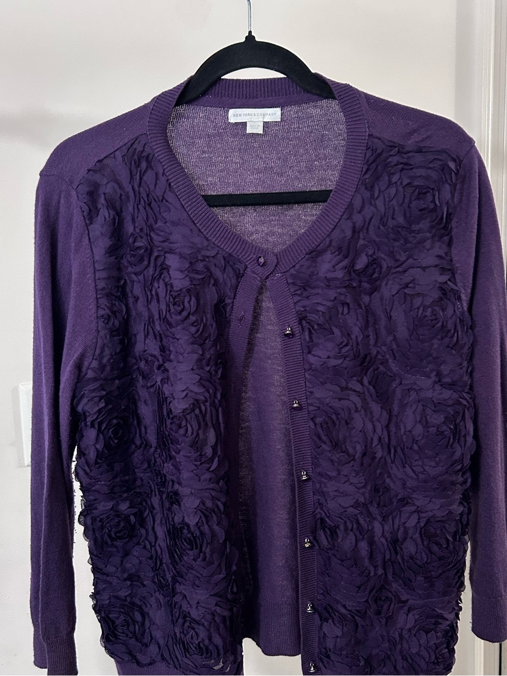 White House Black Market Purple Floral Appliqué Cardigan Sweater